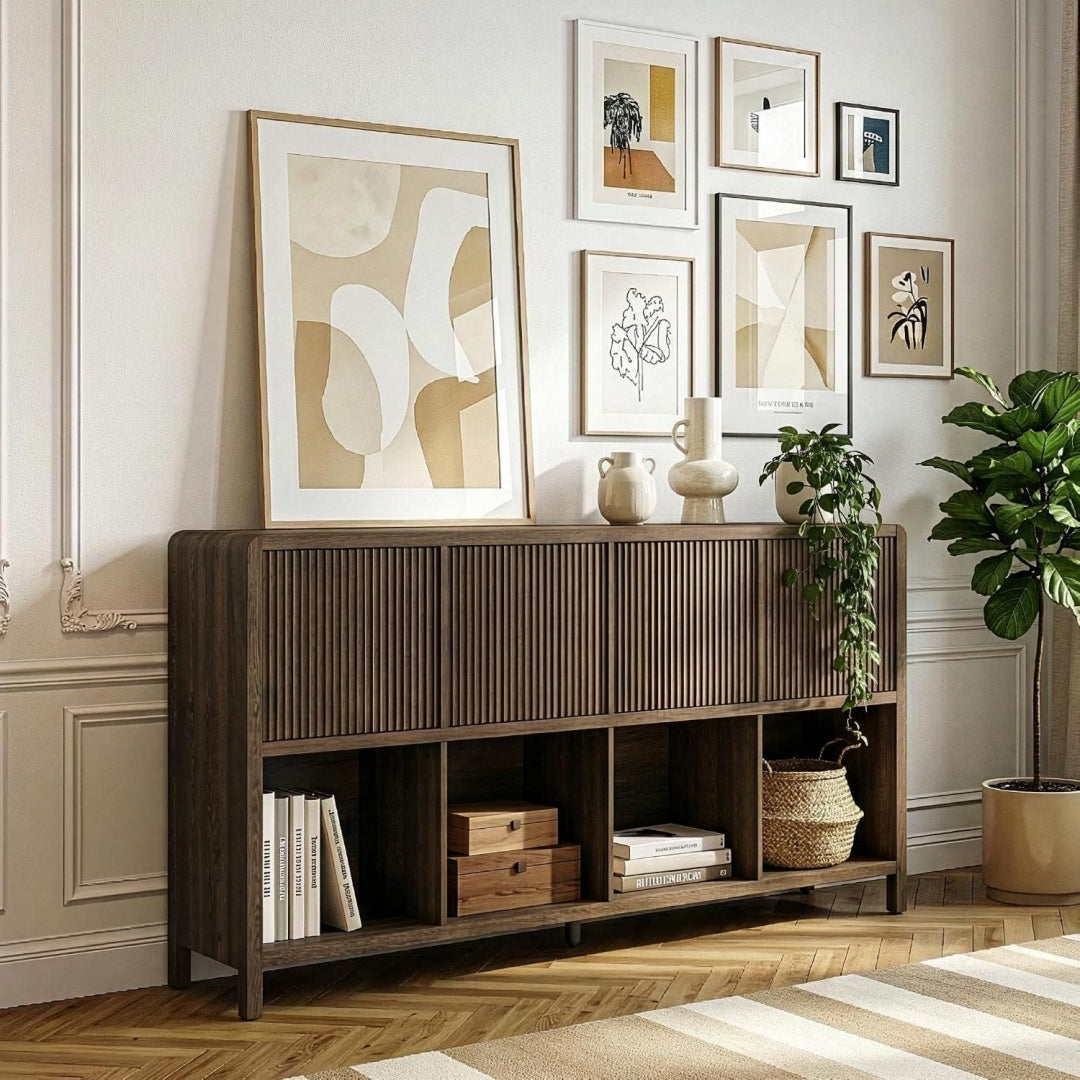 Credenza da soggiorno con vano contenitore in MDF noce